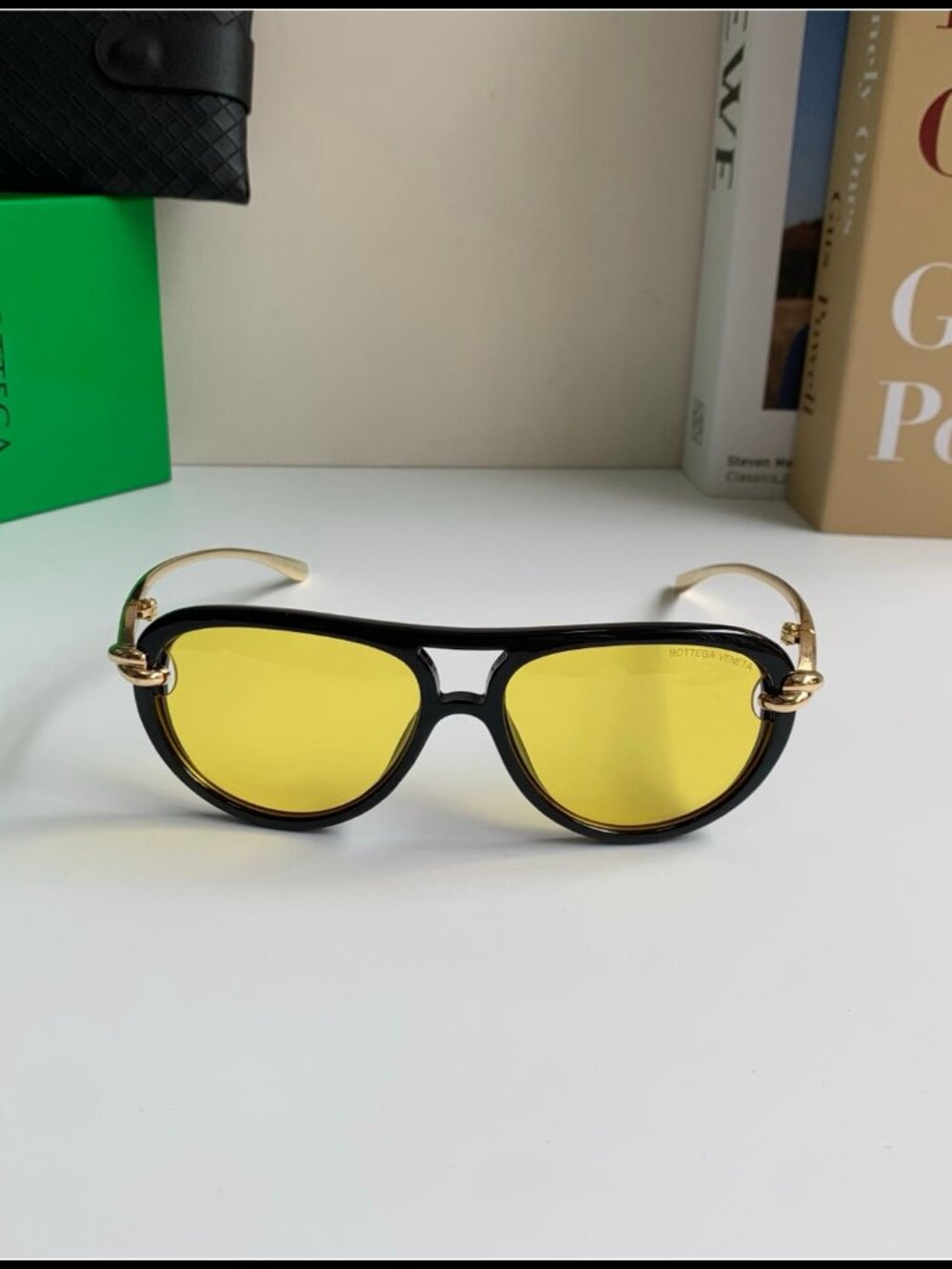 Bottega Veneta Black Aviator Gold Knot Yellow Lens Sunnies